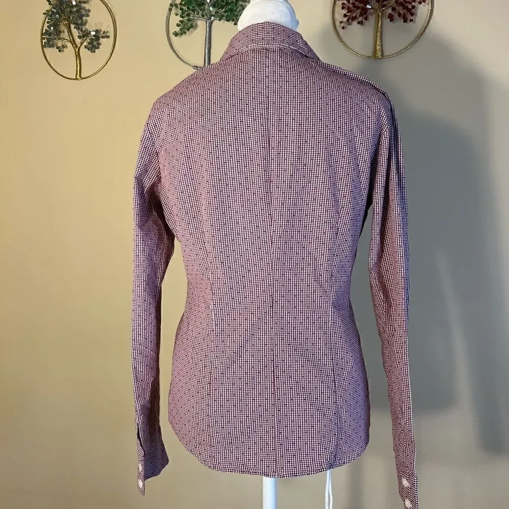 Van Heusen Stretch Berry and White Pin Check Pattern Long Sleeve Button Down S